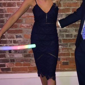 Missguided Navy Lace Overlay tea length dress